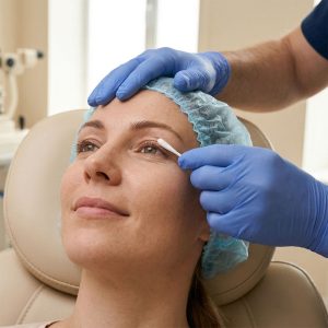 متخصص در حال مشاوره و بررسی چشم بیمار برای تغییر رنگ چشم دائمی با استفاده از تکنیک کراتوپیگمنتیشن در رویال آی کالر