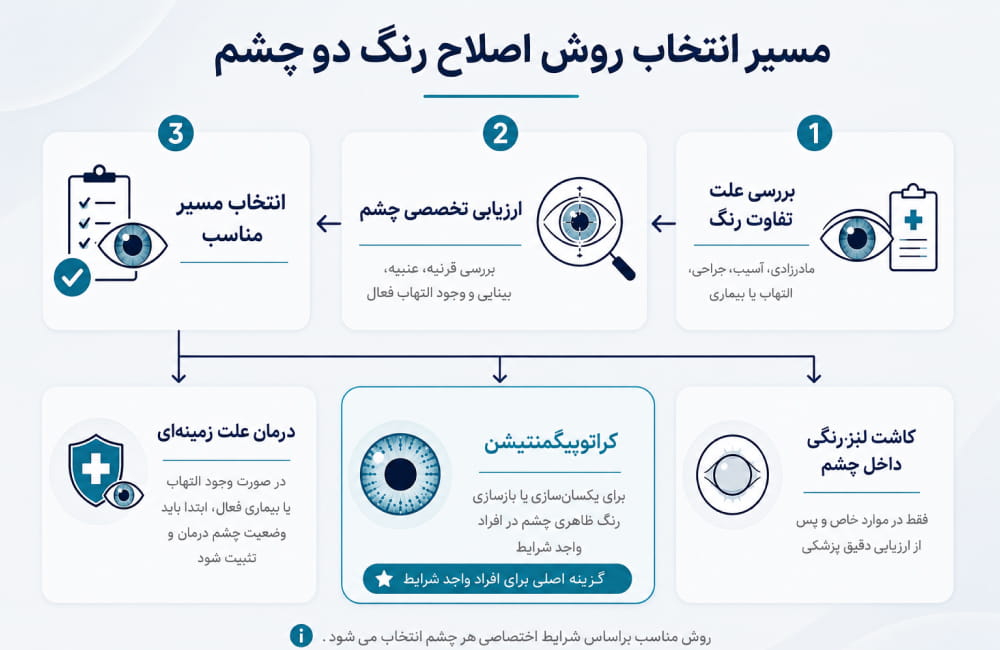 اینفوگرافیک مسیر انتخاب روش اصلاح رنگ دو چشم؛ از بررسی علت و معاینه تخصصی تا کراتوپیگمنتیشن یا پروتز عنبیه